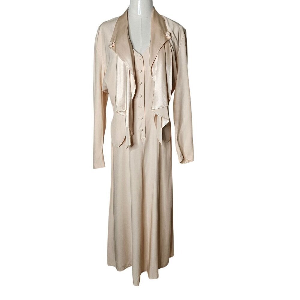Vintage Wild Rose Small to Medium Cream Dress & Satin Jacket Set 90's Elegant